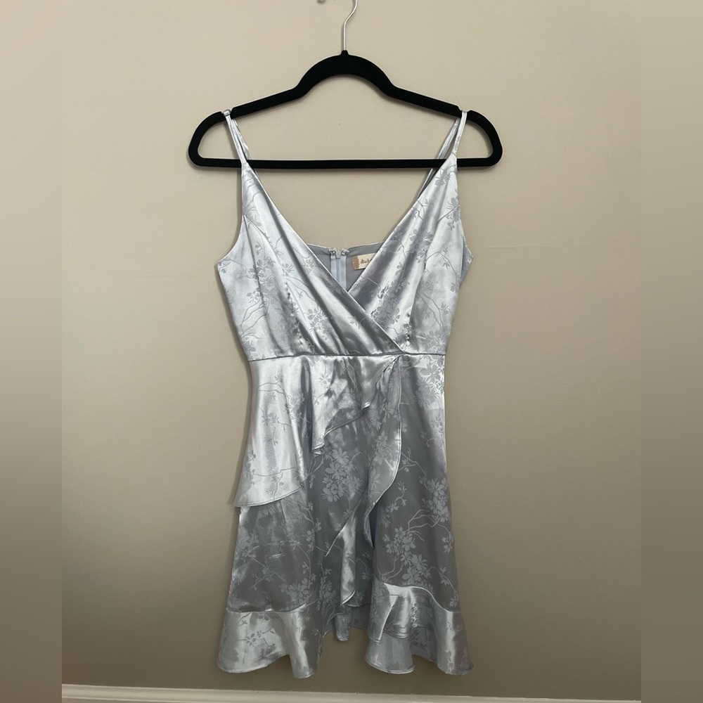 Altar’d State - Baby Blue Metallic Floral Faux Wrap Mini Dress - Size S​